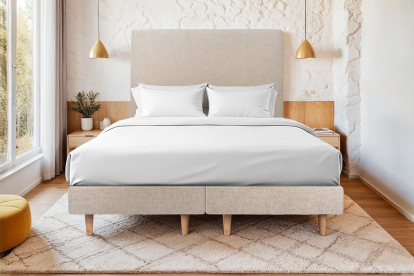 Lit 2x 100x200 cm - Sommier tapissier H29 cm + tête de lit tapissée - Tissu Toile natté Beige Brun