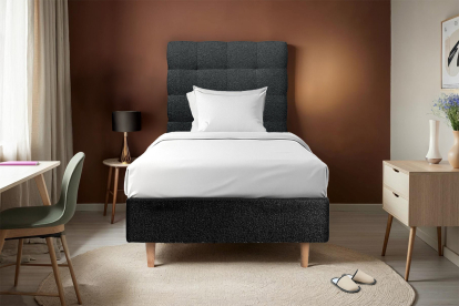 Lit 90x200 cm - Sommier tapissier H35 cm + tête de lit capitonnée - Tissu Bouclette Noir