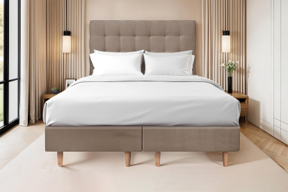 Lit 2x 90x200 cm - Sommier tapissier H35 cm + tête de lit capitonnée - Tissu Velours Taupe