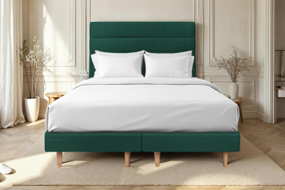 Lit 2x 80x200 cm - Sommier tapissier H29 cm + tête de lit à lignes - Tissu Velours Vert