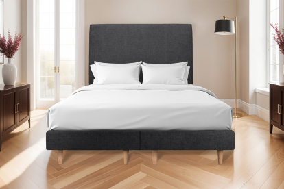 Lit 2x 100x200 cm - Sommier tapissier H29 cm + tête de lit tapissée - Tissu Toile natté Noir