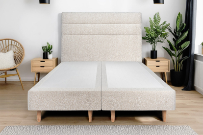 Lit 2x 100x200 cm - Sommier tapissier H35 cm + tête de lit à lignes - Tissu Bouclette Beige Clair