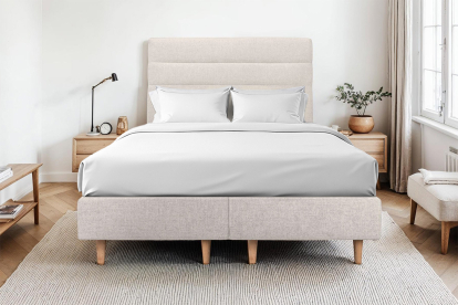 Lit 2x 100x200 cm - Sommier tapissier H35 cm + tête de lit à lignes - Tissu Toile natté Beige Clair