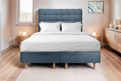 Lit 2x 80x200 cm - Sommier tapissier H35 cm + tête de lit capitonnée - Tissu Bouclette Bleu