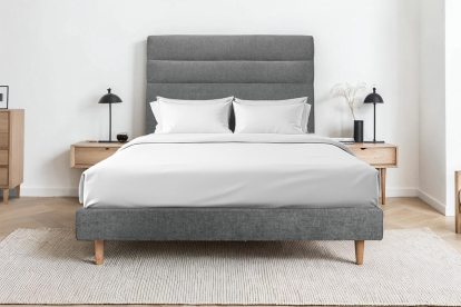 Lit 140x200 cm - Sommier tapissier H29 cm + tête de lit à lignes - Tissu Toile natté Gris Anthracite