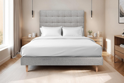 Lit 140x190 cm - Sommier tapissier H29 cm + tête de lit capitonnée - Tissu Bouclette Gris