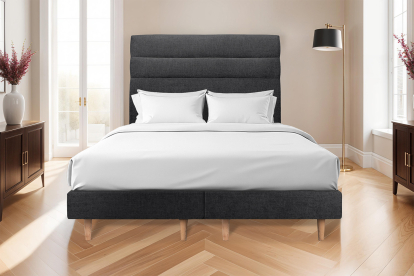 Lit 2x 100x200 cm - Sommier tapissier H29 cm + tête de lit à lignes - Tissu Toile natté Noir