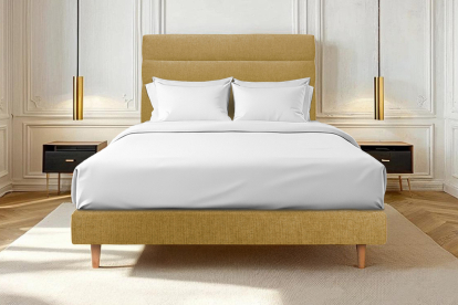 Lit 140x190 cm - Sommier tapissier H29 cm + tête de lit à lignes - Tissu Toile natté Jaune