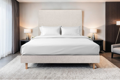 Lit 160x200 cm - Sommier tapissier H29 cm + tête de lit tapissée - Tissu Toile natté Beige Clair