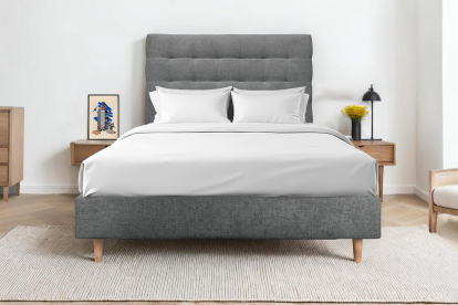 Lit 160x200 cm - Sommier tapissier H35 cm + tête de lit capitonnée - Tissu Toile natté Gris Anthracite