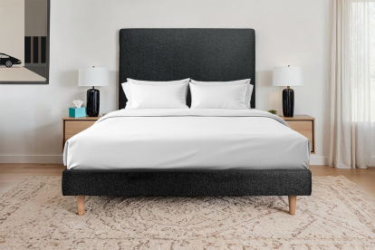 Lit 160x200 cm - Sommier tapissier H29 cm + tête de lit tapissée - Tissu Bouclette Noir