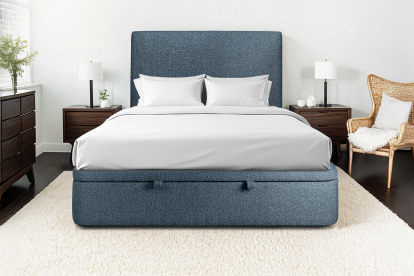 Lit coffre 180x200 cm avec Tête de lit tapissée - Tissu Bouclette Bleu