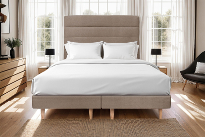 Lit 2x 80x200 cm - Sommier tapissier H29 cm + tête de lit à lignes - Tissu Velours Taupe