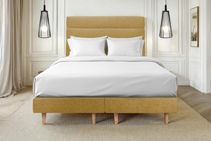 Lit 2x 90x200 cm - Sommier tapissier H29 cm + tête de lit à lignes - Tissu Toile natté Jaune