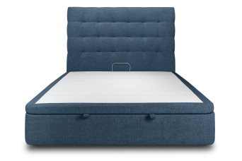 Lit coffre 140x190 cm avec Tête de lit capitonnée - Tissu Toile natté Bleu Océan