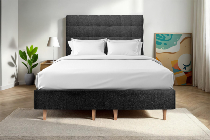 Lit 2x 90x200 cm - Sommier tapissier H35 cm + tête de lit capitonnée - Tissu Bouclette Noir