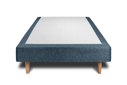 Lit 90x190 cm - Sommier tapissier H29 cm + tête de lit à lignes - Tissu Bouclette Bleu