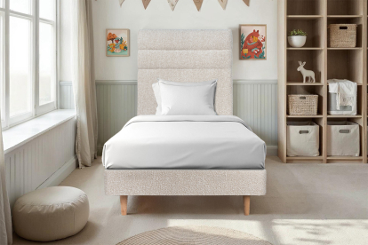 Lit 90x200 cm - Sommier à lattes H29 cm + tête de lit à lignes - Tissu Bouclette Beige Clair