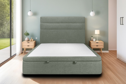 Lit coffre 160x200 cm avec Tête de lit à lignes - Tissu Toile natté Vert Kaki