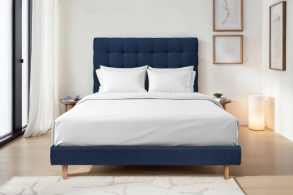 Lit 160x200 cm - Sommier tapissier H29 cm + tête de lit capitonnée - Tissu Velours Bleu Océan