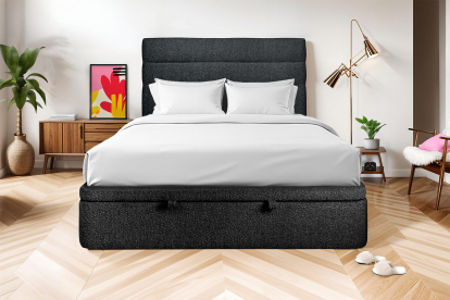 Lit coffre 140x190 cm avec Tête de lit à lignes - Tissu Bouclette Noir