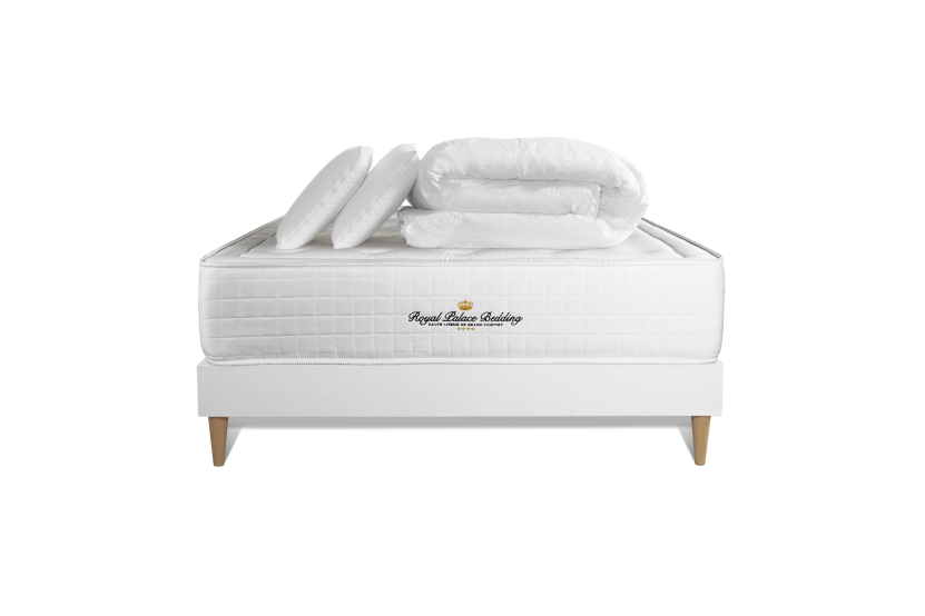 Pack lit complet 200x200 cm - Matelas + Sommier Blanc (en kit) + 2 oreillers + Couette - Buckingham