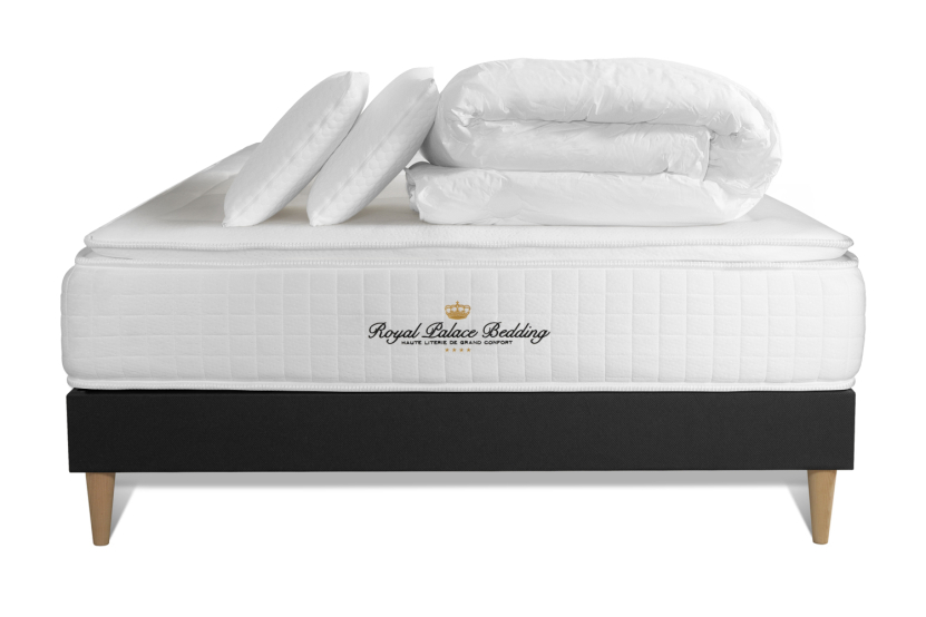 Pack lit complet 180x200 cm - Matelas + Sommier Noir (en kit) + 2 oreillers + Couette - George V