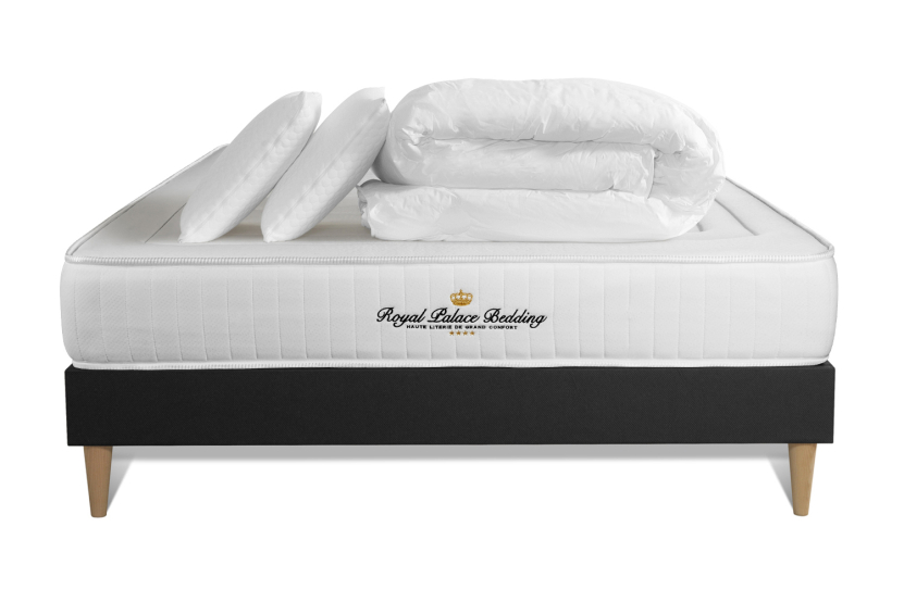 Pack lit complet 180x200 cm - Matelas + Sommier Noir (en kit) + 2 oreillers + Couette - Lancaster