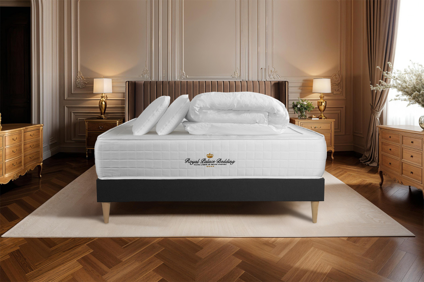 Pack lit complet 160x200 cm - Matelas + Sommier Noir + 2 oreillers + Couette - Windsor