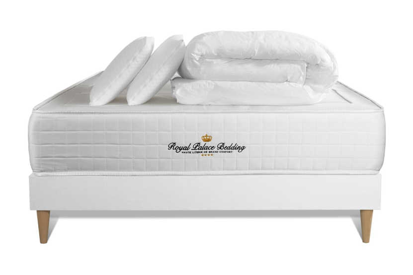 Pack lit complet 140x200 cm - Matelas + Sommier Blanc (en kit) + 2 oreillers + Couette - Windsor