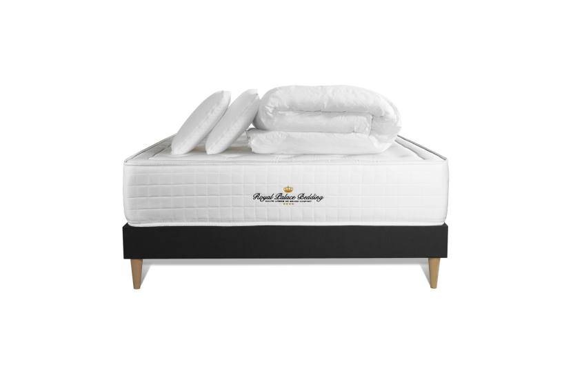 Pack lit complet 160x200 cm - Matelas + Sommier Noir + 2 oreillers + Couette - Buckingham